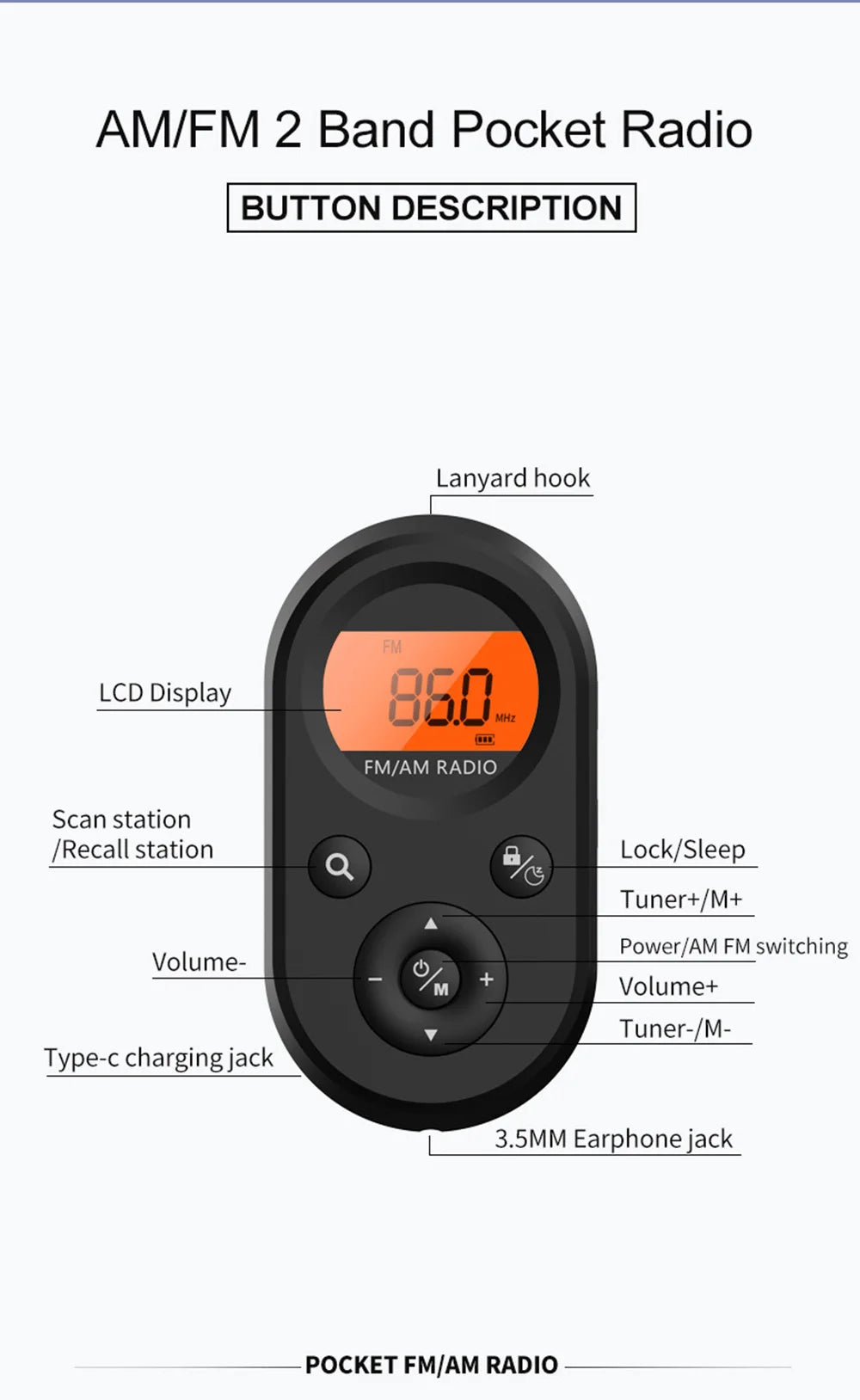 Portable Pocket Radio, Rechargeable AM/FM Radio with Long Battery Life, Stereo Earphone, Sleep Timer, Small Digital Transistor
