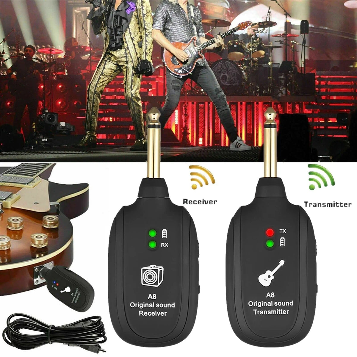 Miwayer A8 Guitar Wireless System - Built-in Rechargeable Transmitter & Receiver for Electric Guitar/Bass