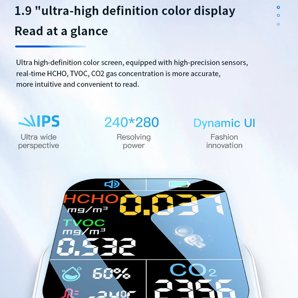 Household 1.9inch 240*280 Resolution Color Display Air Quality Detector High Sensitive Semiconductor Sensors 5in1 HCHO TVOC