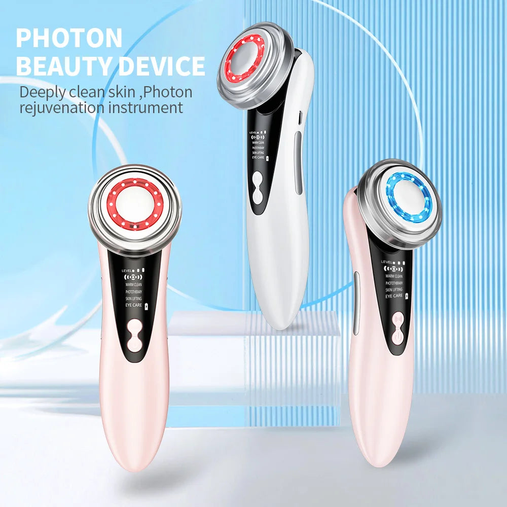 7 in 1 EMS Facial Massager Face Beauty Instrument with Induced Vibration and Hot Compress Face Skin Care Tool LED Light Therapy