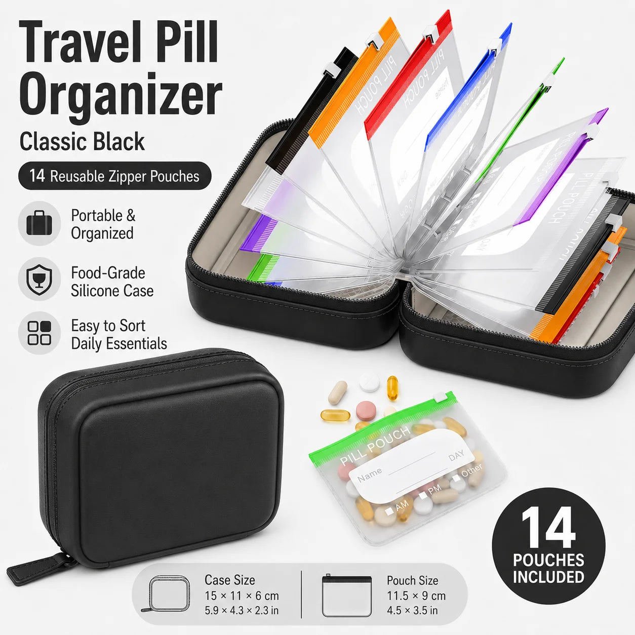 Travel Pill Organizer with 14 Reusable Zipper Pouches, Food Grade Silicone Case for Medicine and Daily Essentials