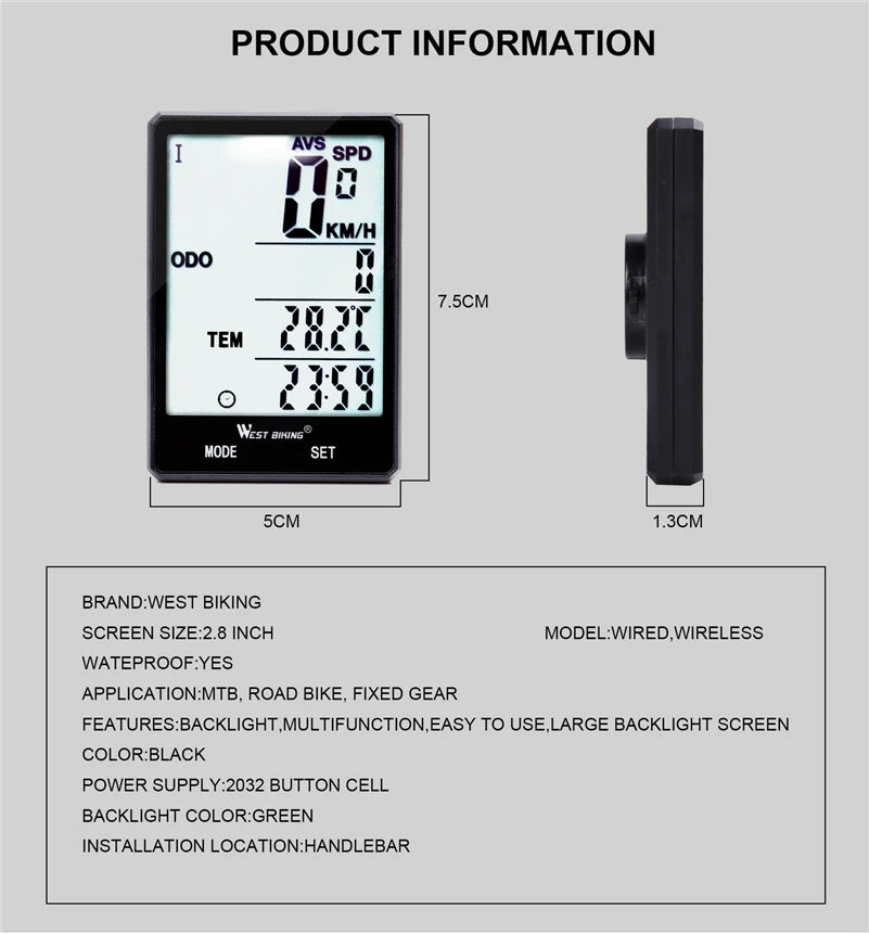 WEST BIKING Bike Compuer Stopwatch IPX6 Waterproof 2.8In Cycling Speedometer Wireless Multifuction 2 Backlight Modes Odometer