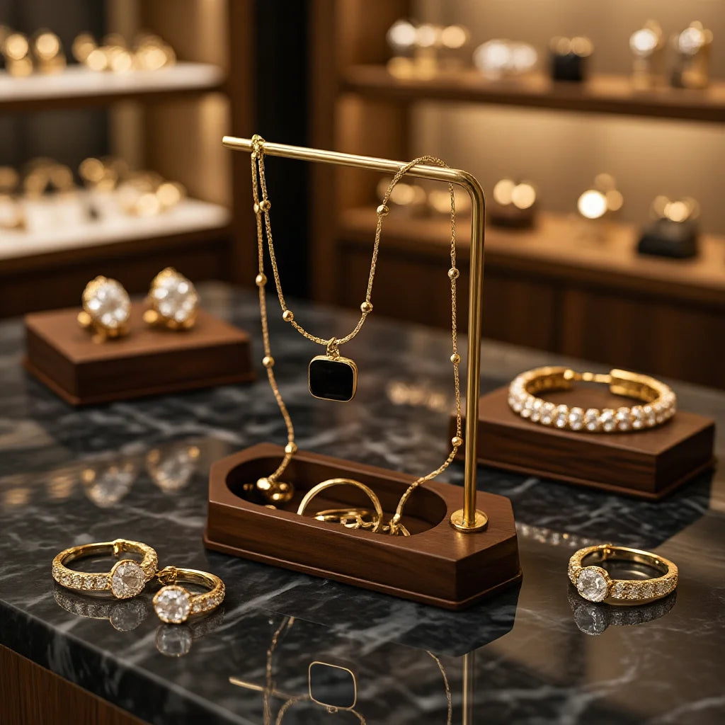 Multi - Use Jewelry Display Rack, Walnut Base Gold/Black Metal Top Rated Holder for Earrings/Necklaces, Loved by Boutique Owners