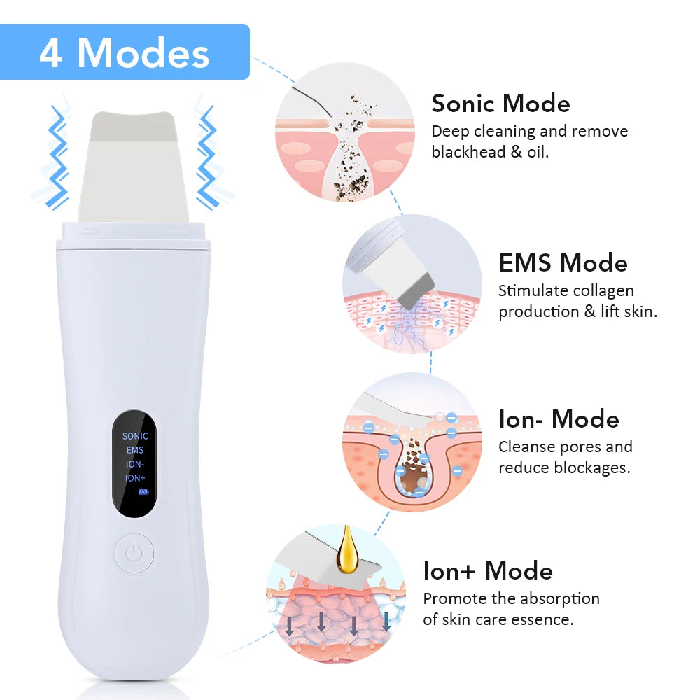 Ultrasonic Skin Scrubber Skin Spatula Ion Deep Face Cleaning 4 Modes Facial Lifting