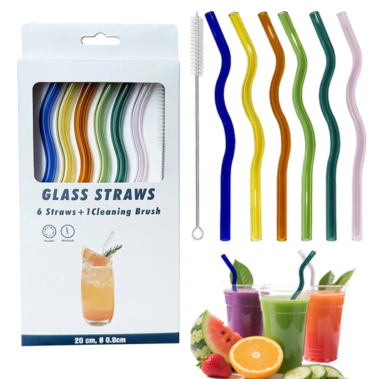 Reusable glass straw kit - 6 reusable colored glass straws made of shatterproof borosilicate glass - Corrugated glass straws