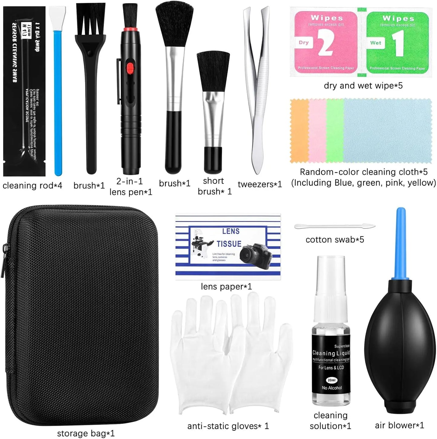 Camera Cleaning Kit, Professional Lens & Sensor Cleaner for DSLR Mirrorless, with Lens Pen, Air Blower, Brush, Cleaning Solution