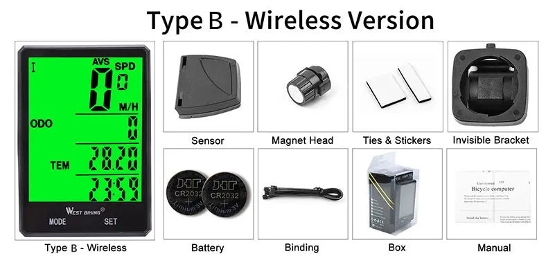 WEST BIKING Bike Compuer Stopwatch IPX6 Waterproof 2.8In Cycling Speedometer Wireless Multifuction 2 Backlight Modes Odometer