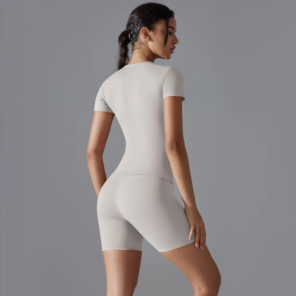Yoga Set Women Sports Short Sleeve Top With High Waist Leggings