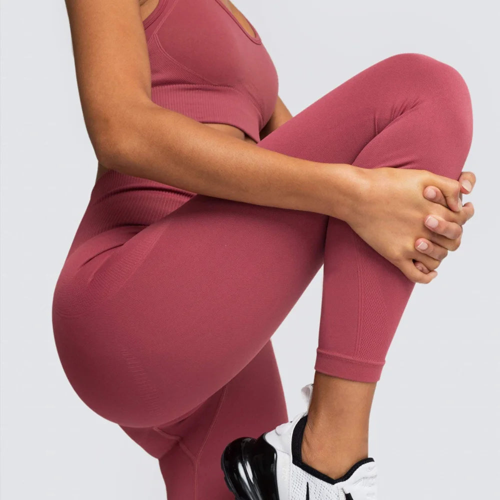 Women's Seamless Yoga Set Fitness Crop Top & Tummy Control High Waist Leggings with Built-in Bra Workout