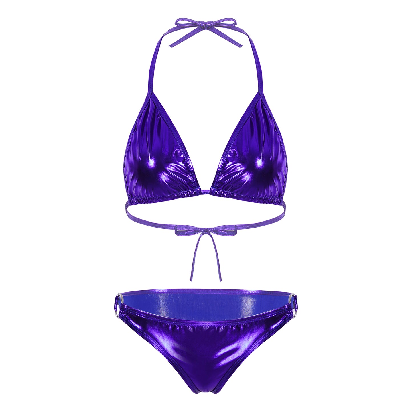 Womens Metallic Shiny Bikini Swimwear Pool Party Swimming Bathing Suit Halter Lace-up Bra with O Ring Briefs Bikini Swimsuit
