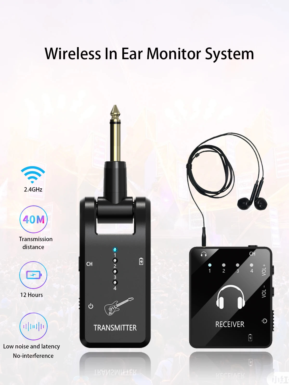Wireless In Ear Monitoring System, 2.4GHz Wireless IEM System with Transmitter and Lavalier Receiver, for Band Rehearsal