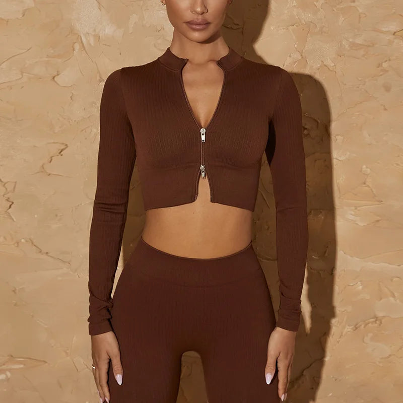 Seamless Knitted Yoga 6-Piece Set - Zipper Vest High-Waist Butt-Lifting Pants Outdoor Long Sleeve Fitness Outfit