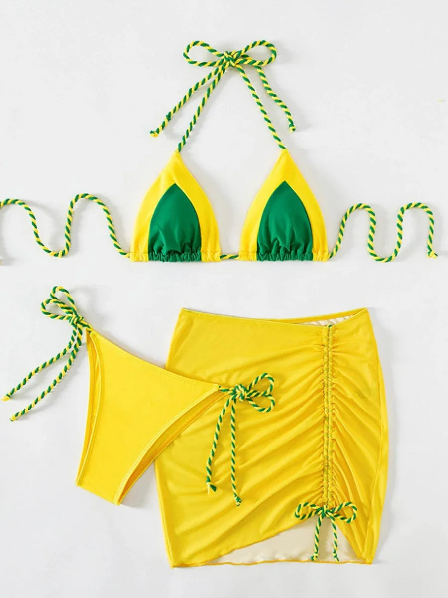 2026 Halter String 3 Piece Bikini Drawstring Skirt Swimsuit Women Swimwear Female Bather Bathing Swimming Swim Suit Beachwear