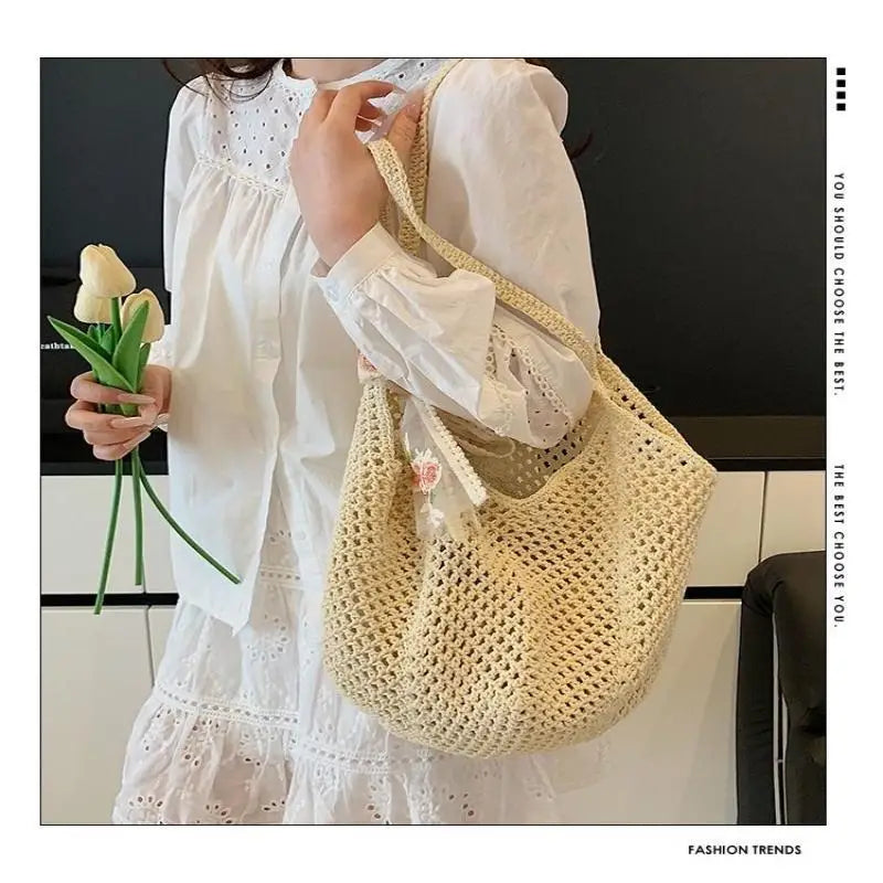 Woven Large Capacity Women's Shoulder Bag Handmade Perfect for Beach Adventures and Daily Essentials