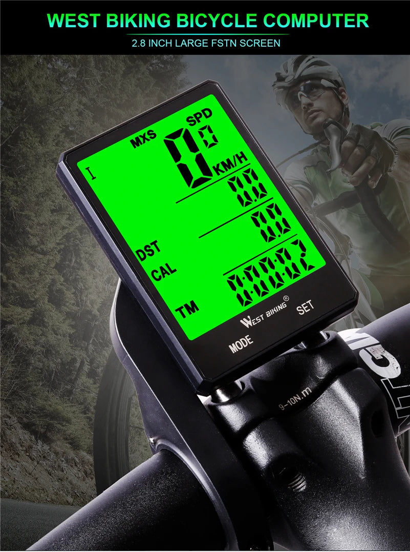 WEST BIKING Bike Compuer Stopwatch IPX6 Waterproof 2.8In Cycling Speedometer Wireless Multifuction 2 Backlight Modes Odometer