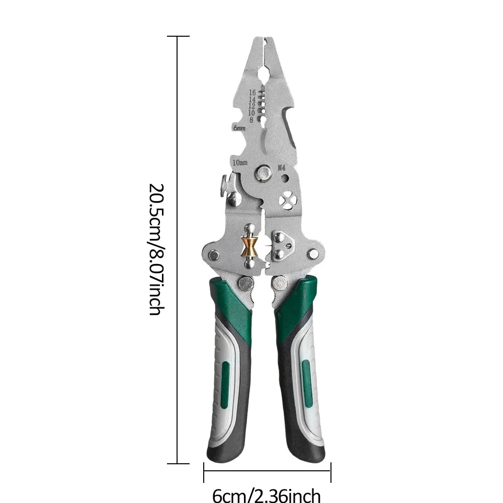 Multi-Function Foldable Electrician Tool with Pulley Design, Combines Wire Stripper, Splitter, Winding & Crimping Pliers