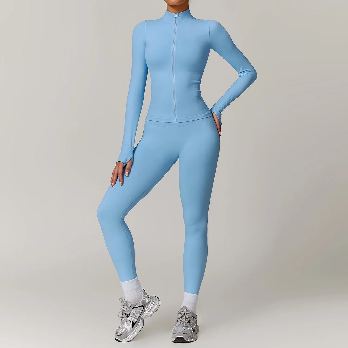 Women's Yoga Set 2025 New Solid Color High Waist Hip Lifting Pants Sports Zipper Long Sleeve Coat Top Jacket Yoga Clothing