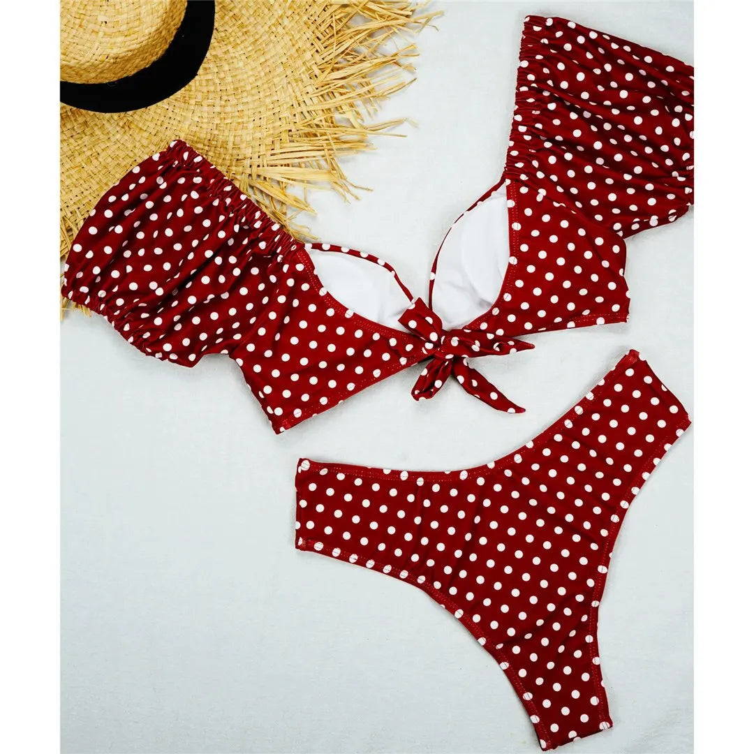 NEW Sexy Polka Dots V Neck Mid Waist Bikini Female Swimsuit Women Swimwear Two-pieces Bikini set Bather Bathing Suit Swim V1909