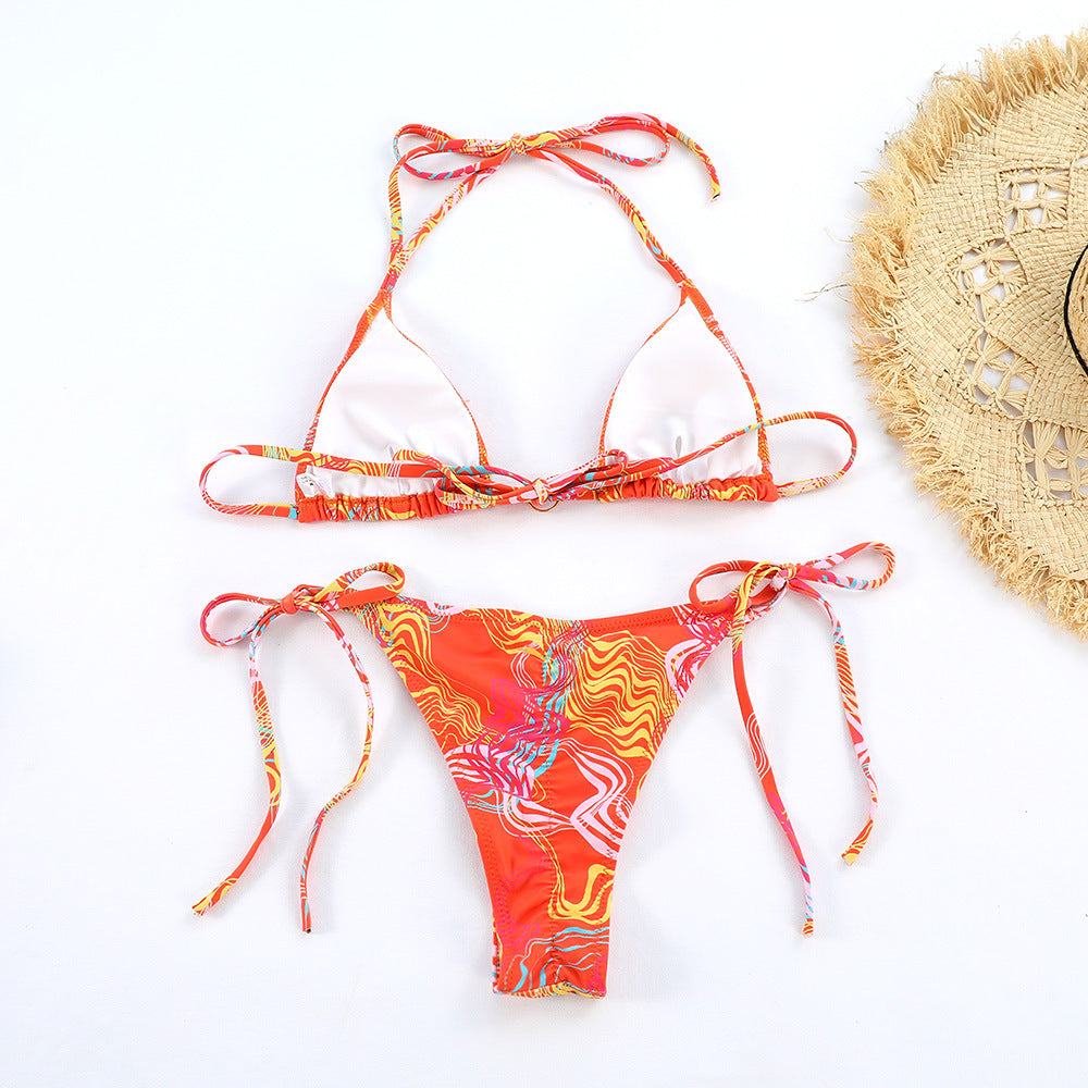 2024 New Sexy Bikini Sets Women Swimwear Printed Halter Lace-Up Thong Swimsuit Women's Bathing Suit biquinis Beachwear