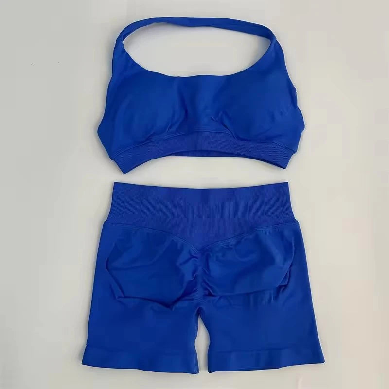 Sports Shorts Set 2 Pieces Seamless Yoga Set Workout Tracksuit Halter Yoga Top And Sports Short Suit