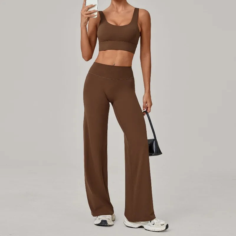 New Women Yoga Set Double Strap Bra Straight Leg Pants Quick Dry Gym Fitness Workout Clothes Outdoor Running Sports Set