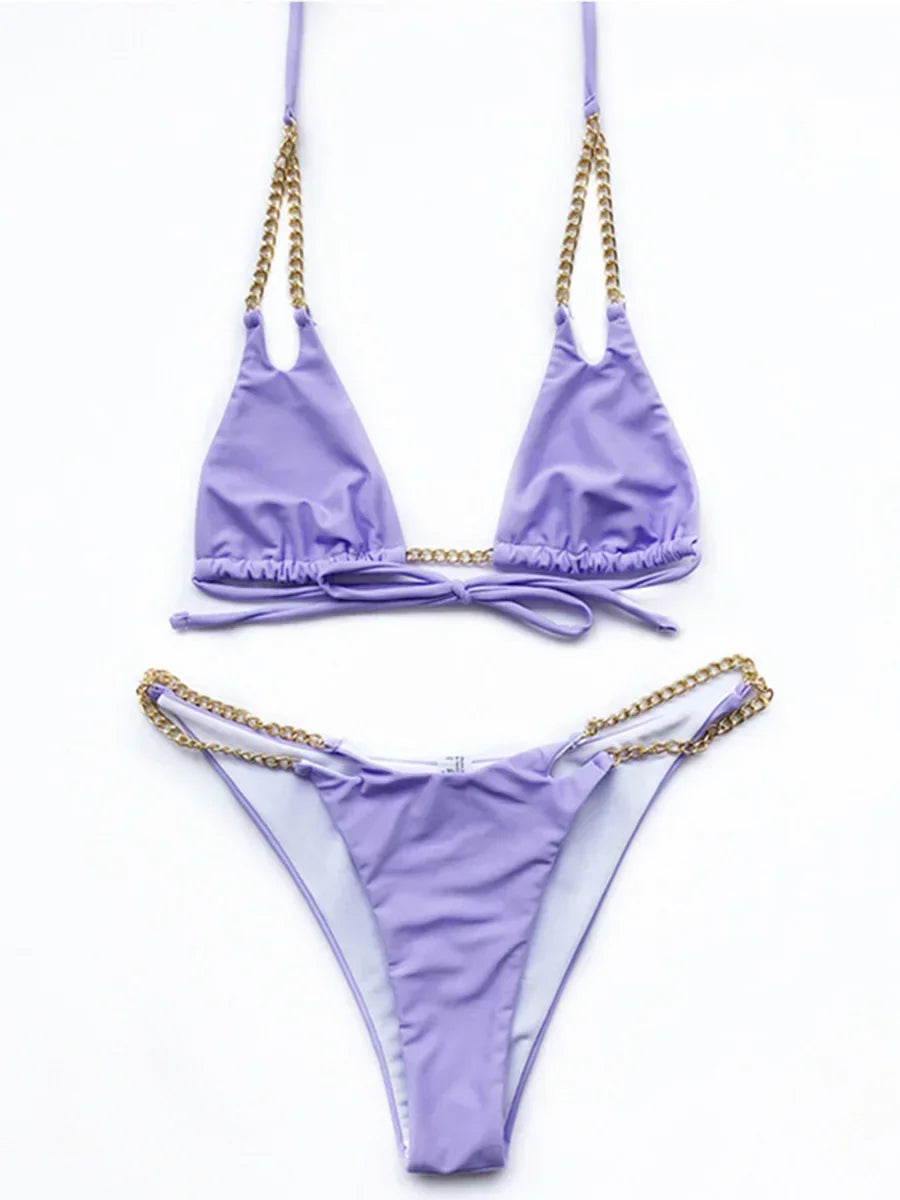Sexy Halter Metal Chains Brazilian Bikini 2025 Women Swimsuit Female Swimwear Two Pieces Bikini Set Bathing Suit Swim Beach Wear