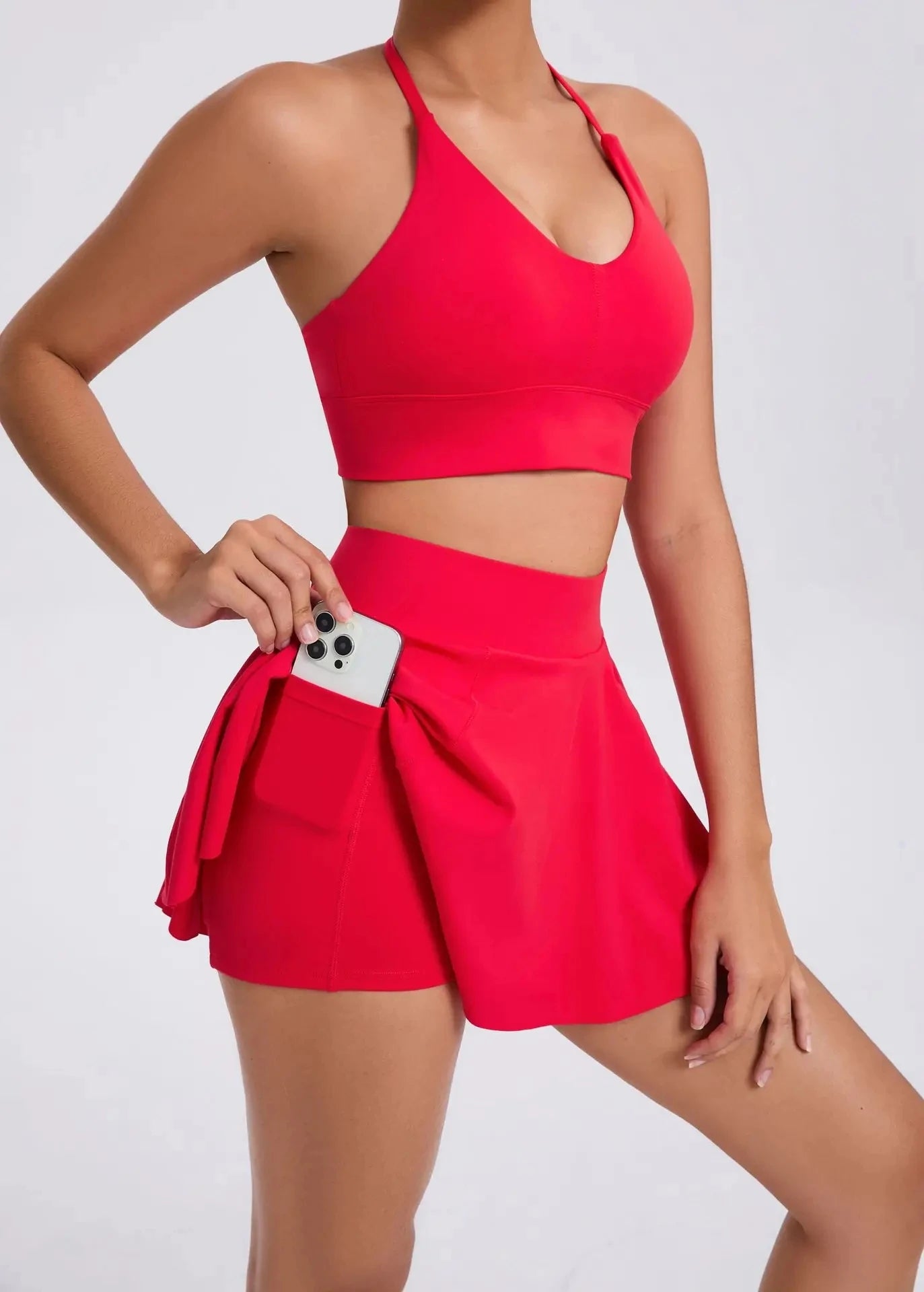 Yoga Set Casual Outdoor Bra Tennis Short Skirt Anti-light Running Pocket Fitness Suit Breathable Yoga Tank Top Tennis Suit Set