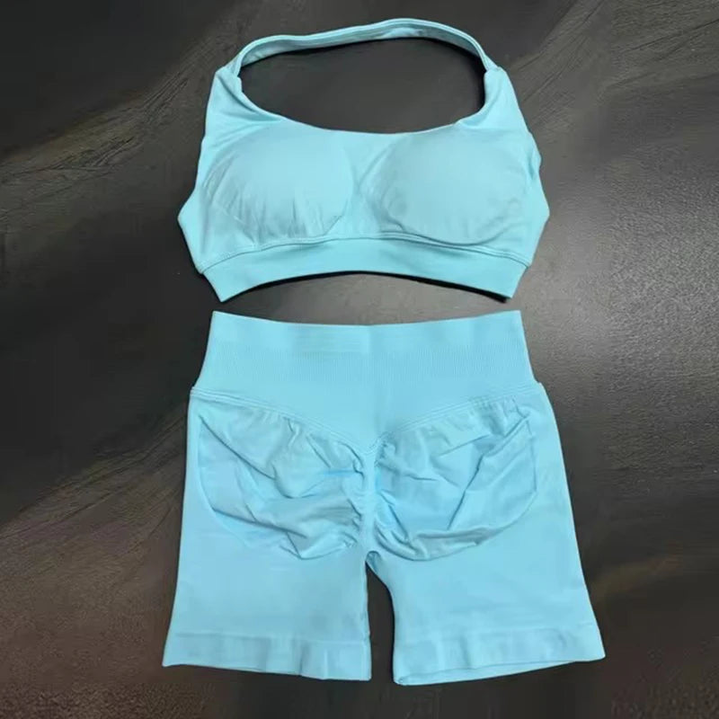 Sports Shorts Set 2 Pieces Seamless Yoga Set Workout Tracksuit Halter Yoga Top And Sports Short Suit