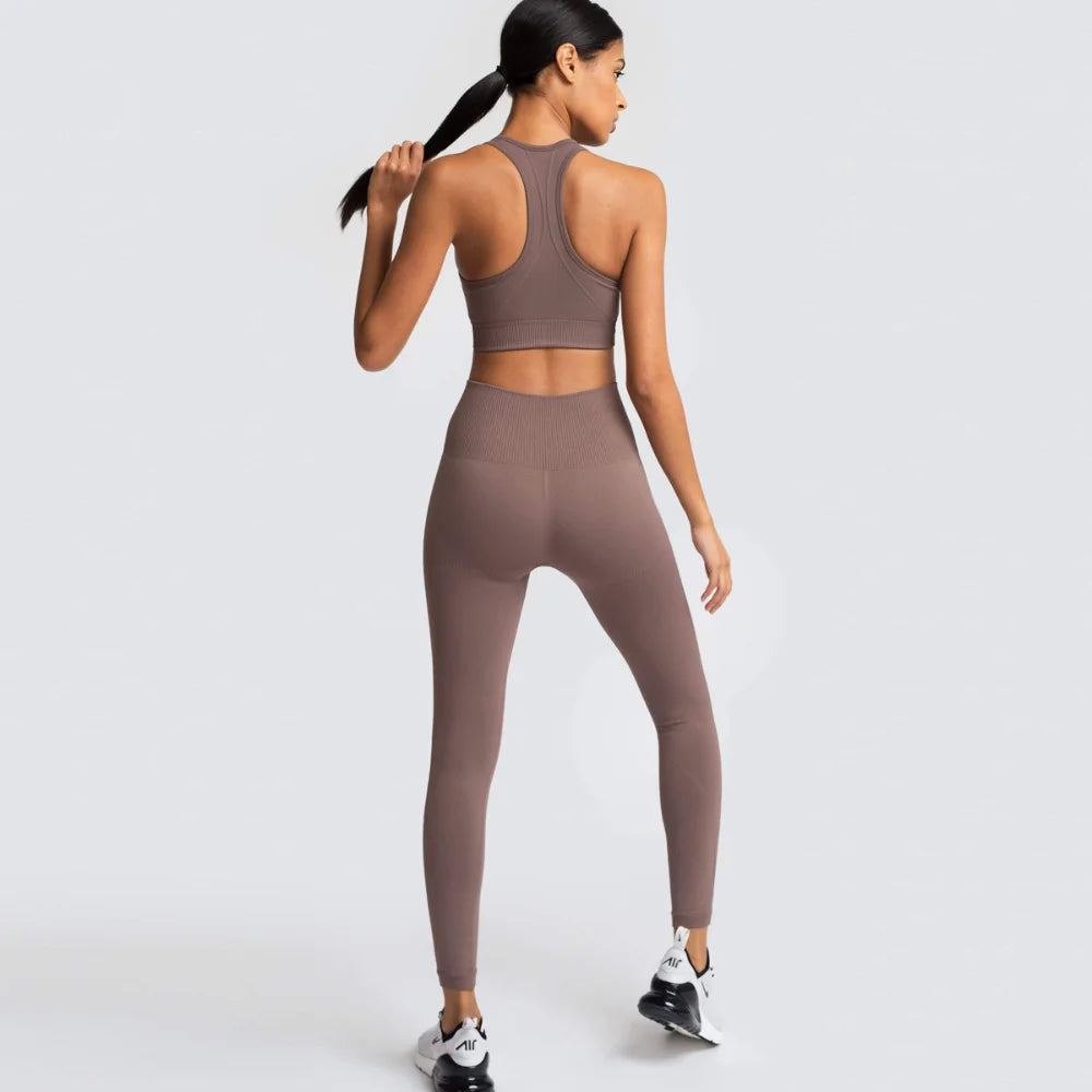 Women's Seamless Yoga Set Fitness Crop Top & Tummy Control High Waist Leggings with Built-in Bra Workout