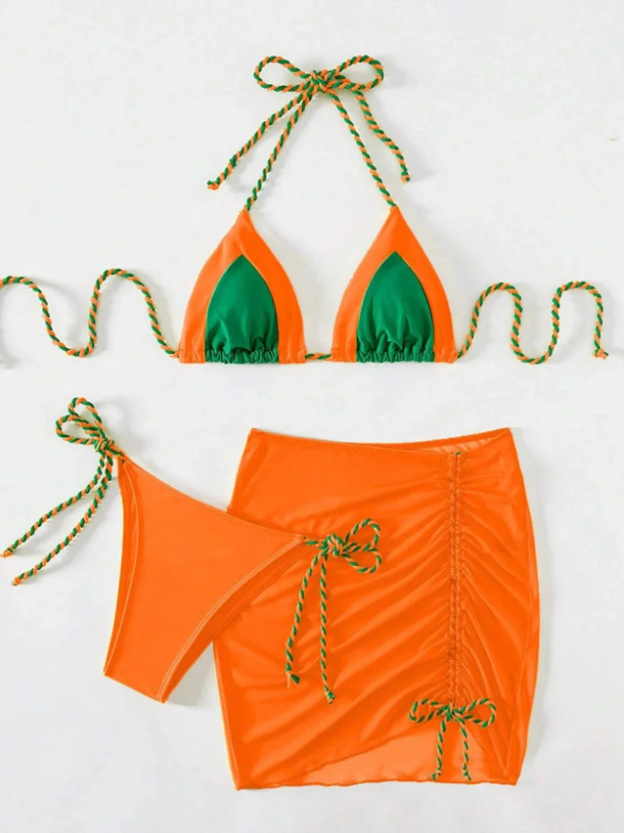 2026 Halter String 3 Piece Bikini Drawstring Skirt Swimsuit Women Swimwear Female Bather Bathing Swimming Swim Suit Beachwear