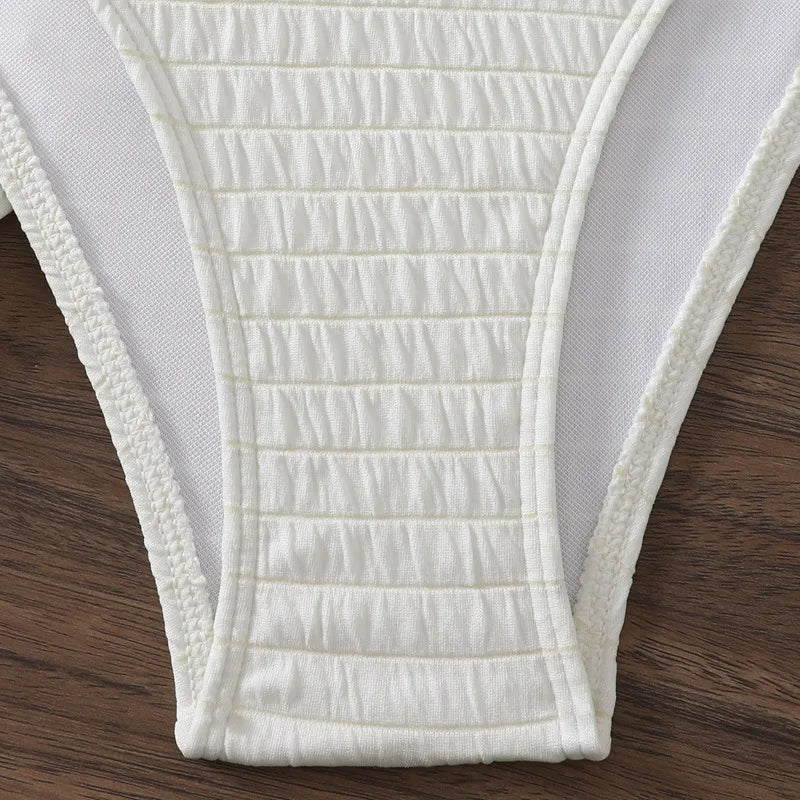 2024 New 3 Pieces Set Swimsuit Women Thong Swimwear Sexy Ruffle Bikini Set With Sarong Mesh Skirt Beachwear Bathing Suit White