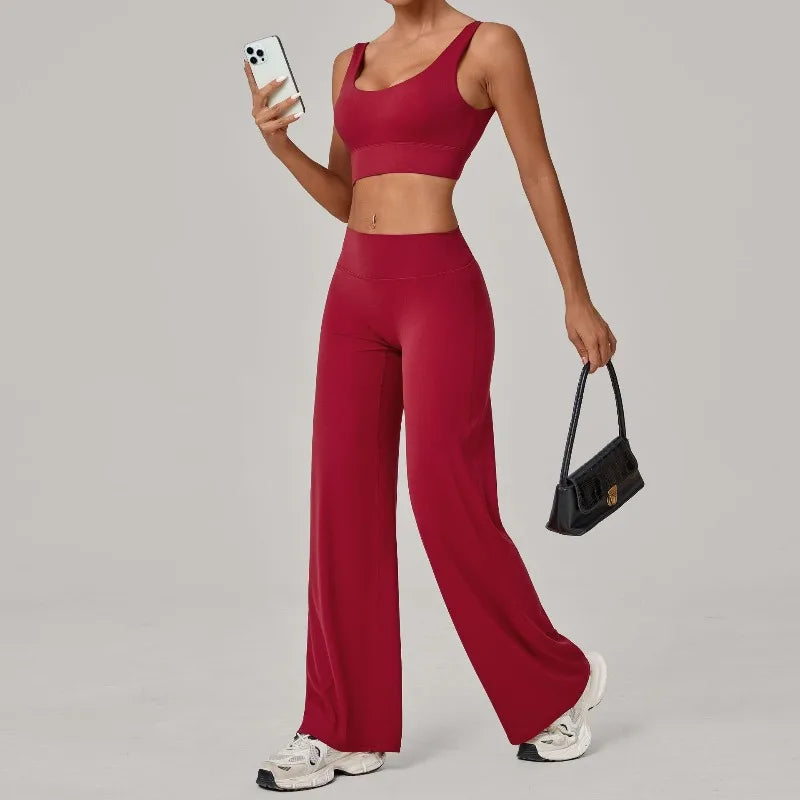 New Women Yoga Set Double Strap Bra Straight Leg Pants Quick Dry Gym Fitness Workout Clothes Outdoor Running Sports Set