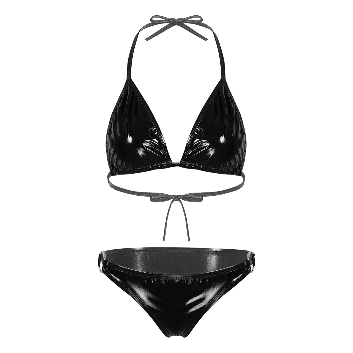 Womens Metallic Shiny Bikini Swimwear Pool Party Swimming Bathing Suit Halter Lace-up Bra with O Ring Briefs Bikini Swimsuit