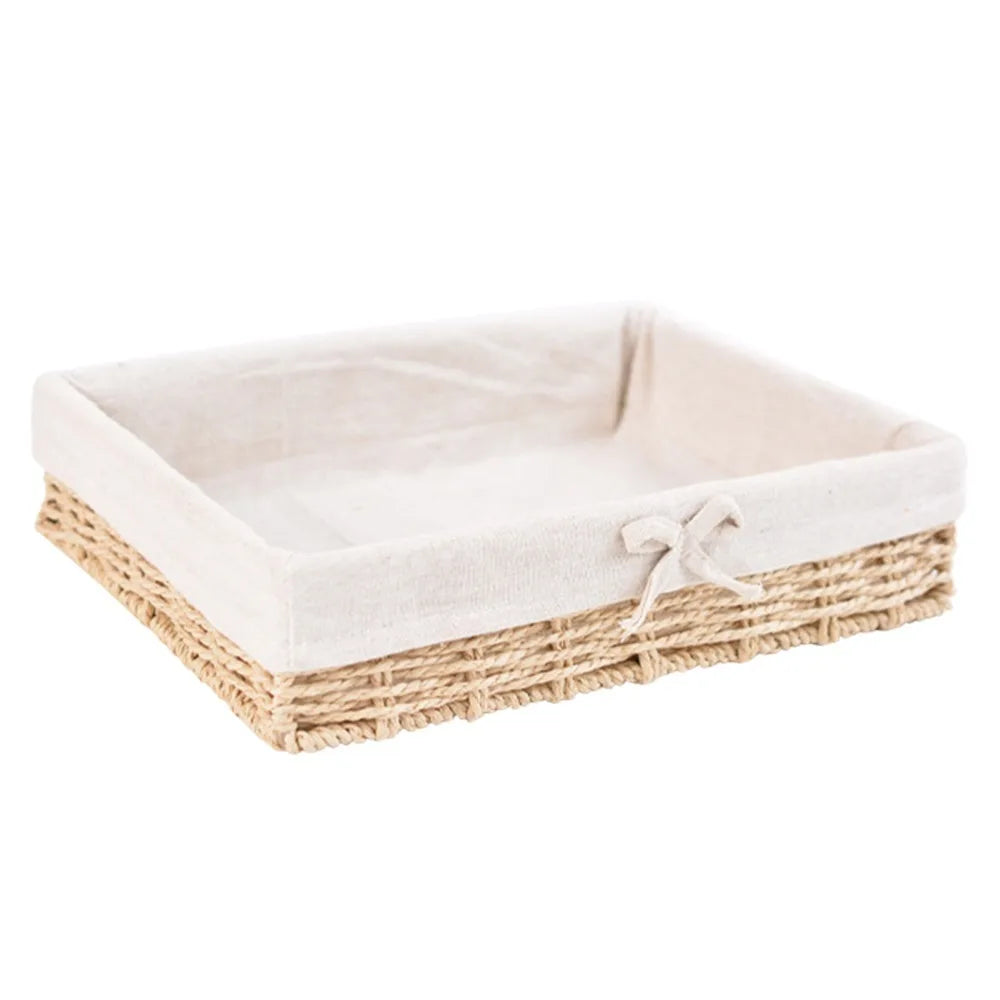 Rectangular Handmade Rattan Storage Baskets French Style Bow Weaving Storage Tray Reusable Bohemian Style Cosmetics Storage Box