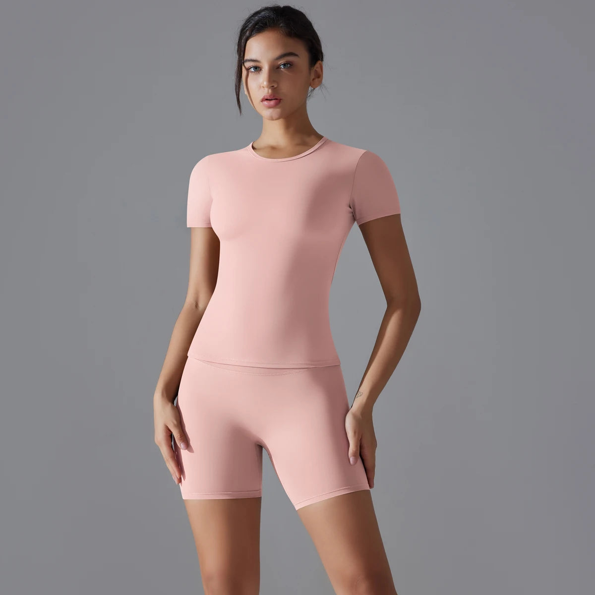 Yoga Set Women Sports Short Sleeve Top With High Waist Leggings