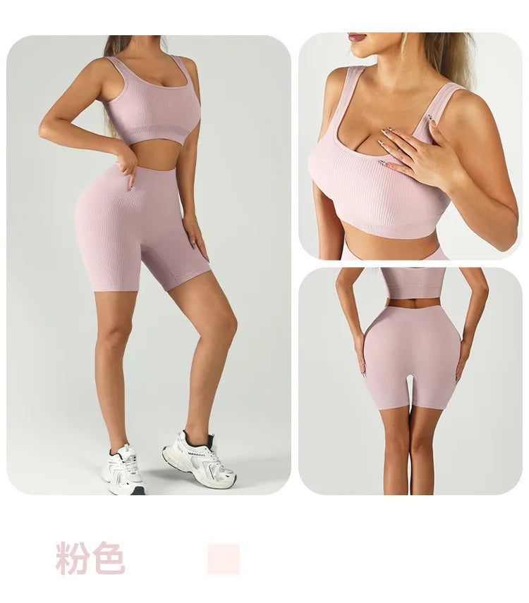 Women Seamless Yoga Set High Waist Biker Shorts Sports Bra Workout Outfit Summer