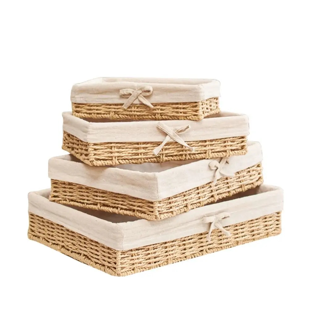 Rectangular Handmade Rattan Storage Baskets French Style Bow Weaving Storage Tray Reusable Bohemian Style Cosmetics Storage Box