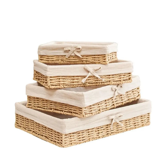 Rectangular Handmade Rattan Storage Baskets French Style Bow Weaving Storage Tray Reusable Bohemian Style Cosmetics Storage Box