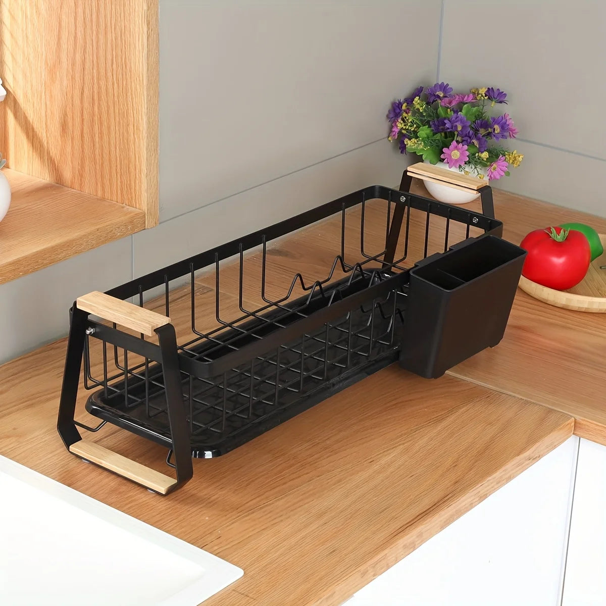Kitchen Counter Dish Rack, Dish Drainer, Dish Drying Rack with Drainboard And Detachable Utensil Holder, Narrow Design, for Kitc
