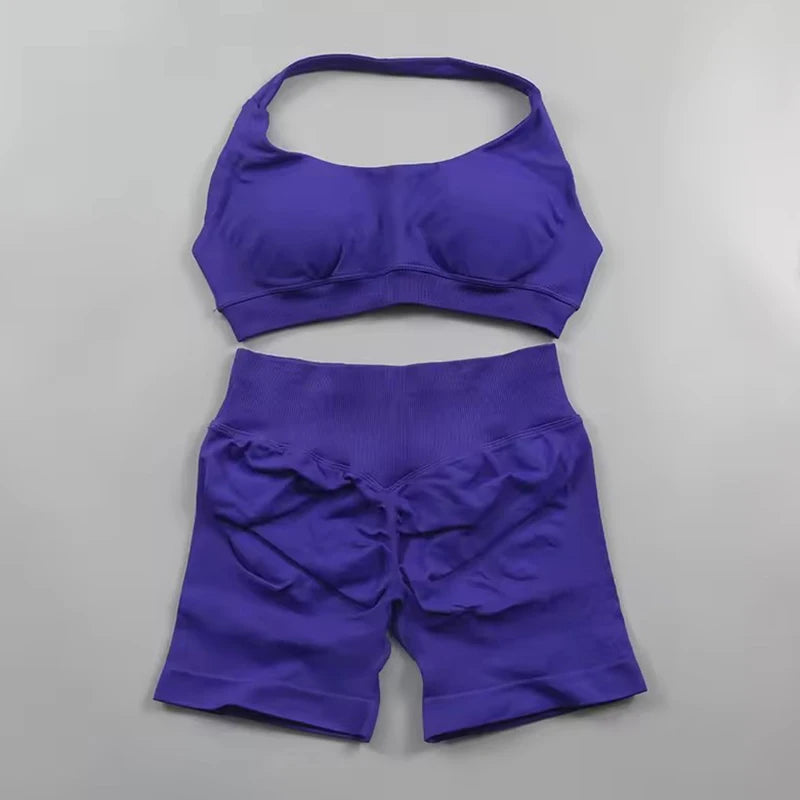 Sports Shorts Set 2 Pieces Seamless Yoga Set Workout Tracksuit Halter Yoga Top And Sports Short Suit