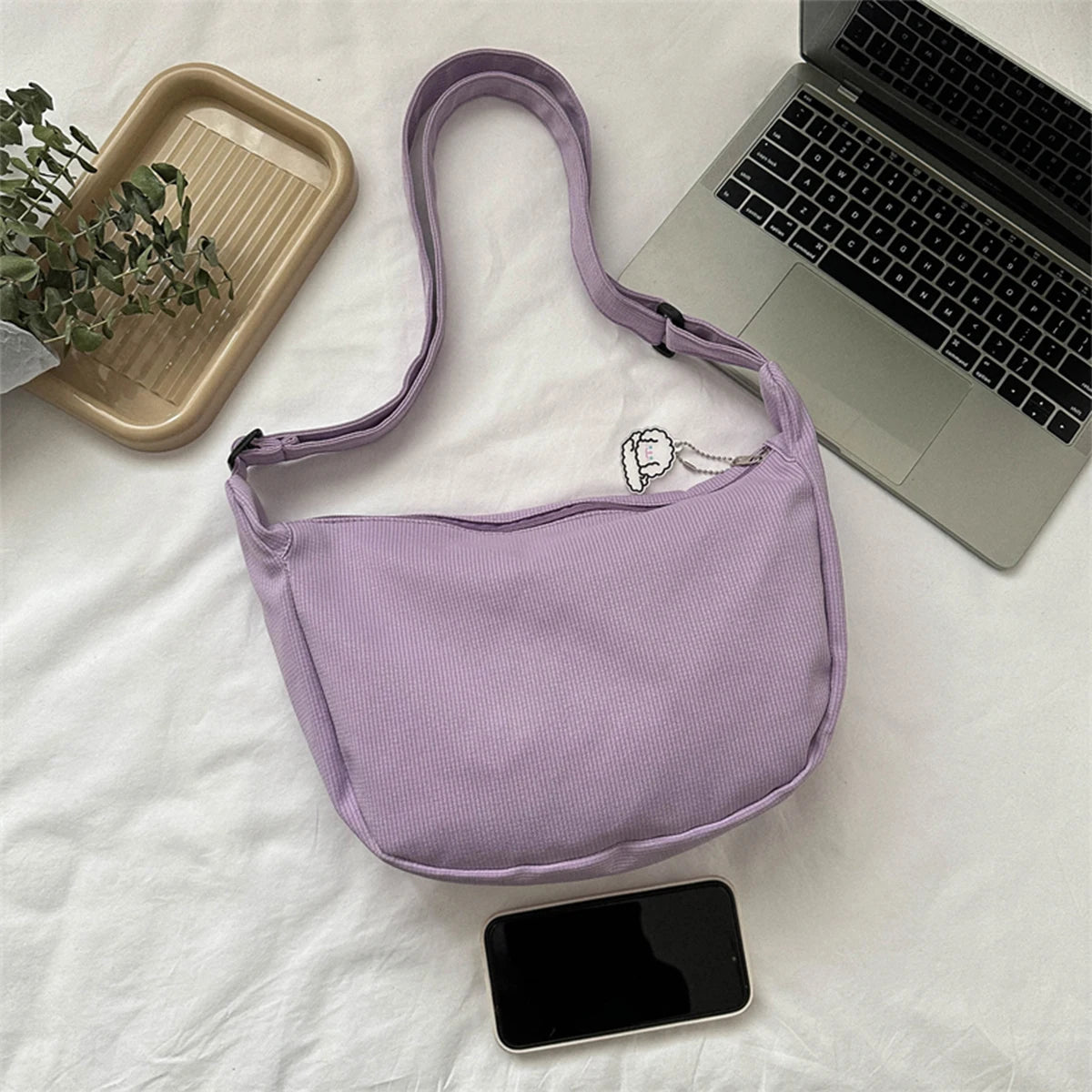 Minimalist Crossbody Bag with Puppy Pendant - Spacious & Stylish Scratch-Resistant Nylon Shoulder Bag  for Daily Essentials