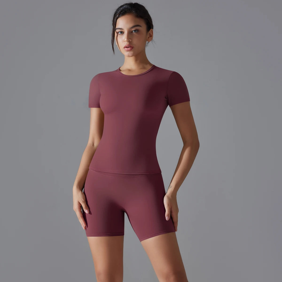 Yoga Set Women Sports Short Sleeve Top With High Waist Leggings