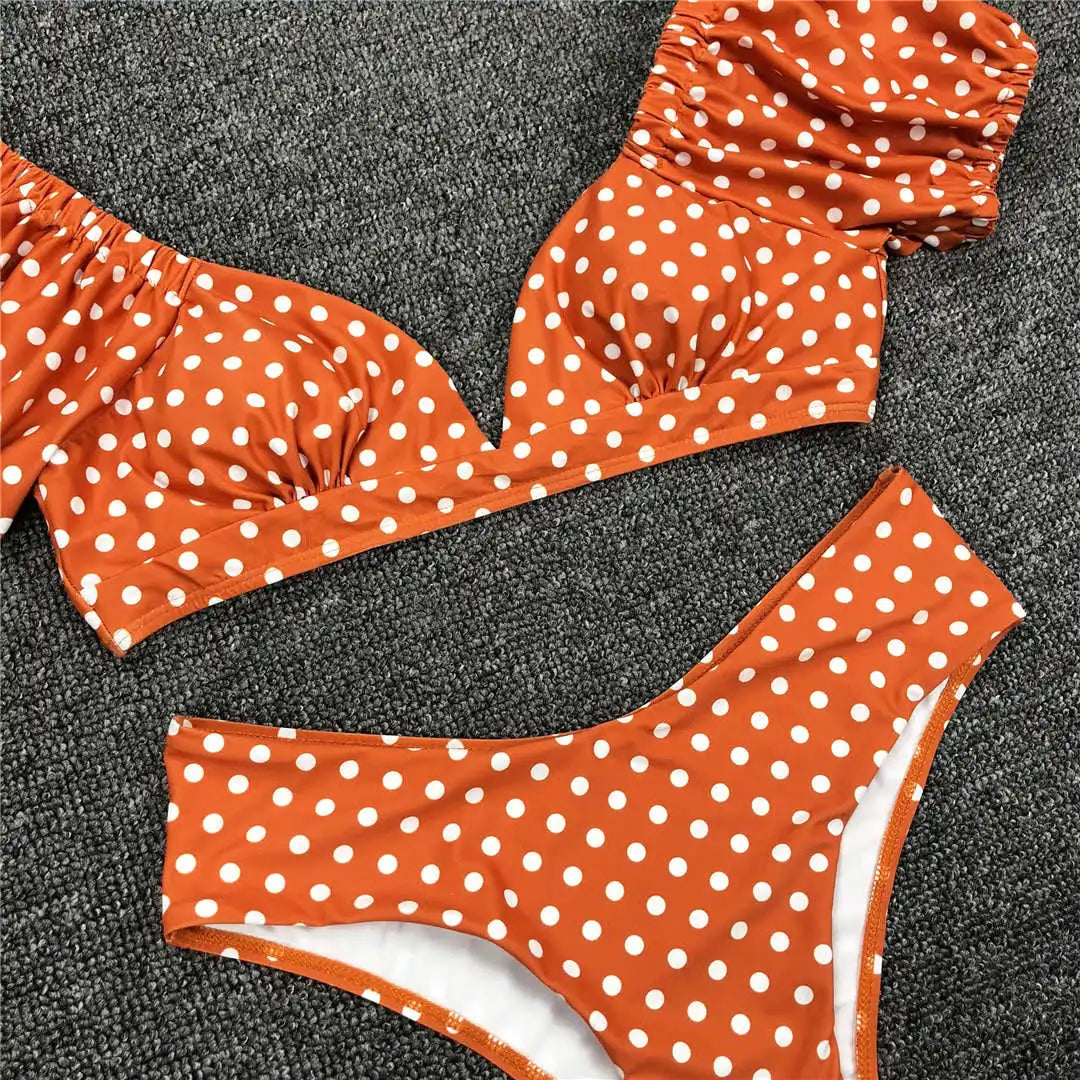 NEW Sexy Polka Dots V Neck Mid Waist Bikini Female Swimsuit Women Swimwear Two-pieces Bikini set Bather Bathing Suit Swim V1909