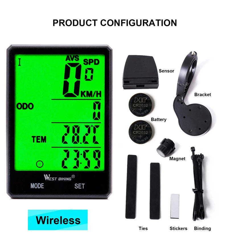 WEST BIKING Bike Compuer Stopwatch IPX6 Waterproof 2.8In Cycling Speedometer Wireless Multifuction 2 Backlight Modes Odometer