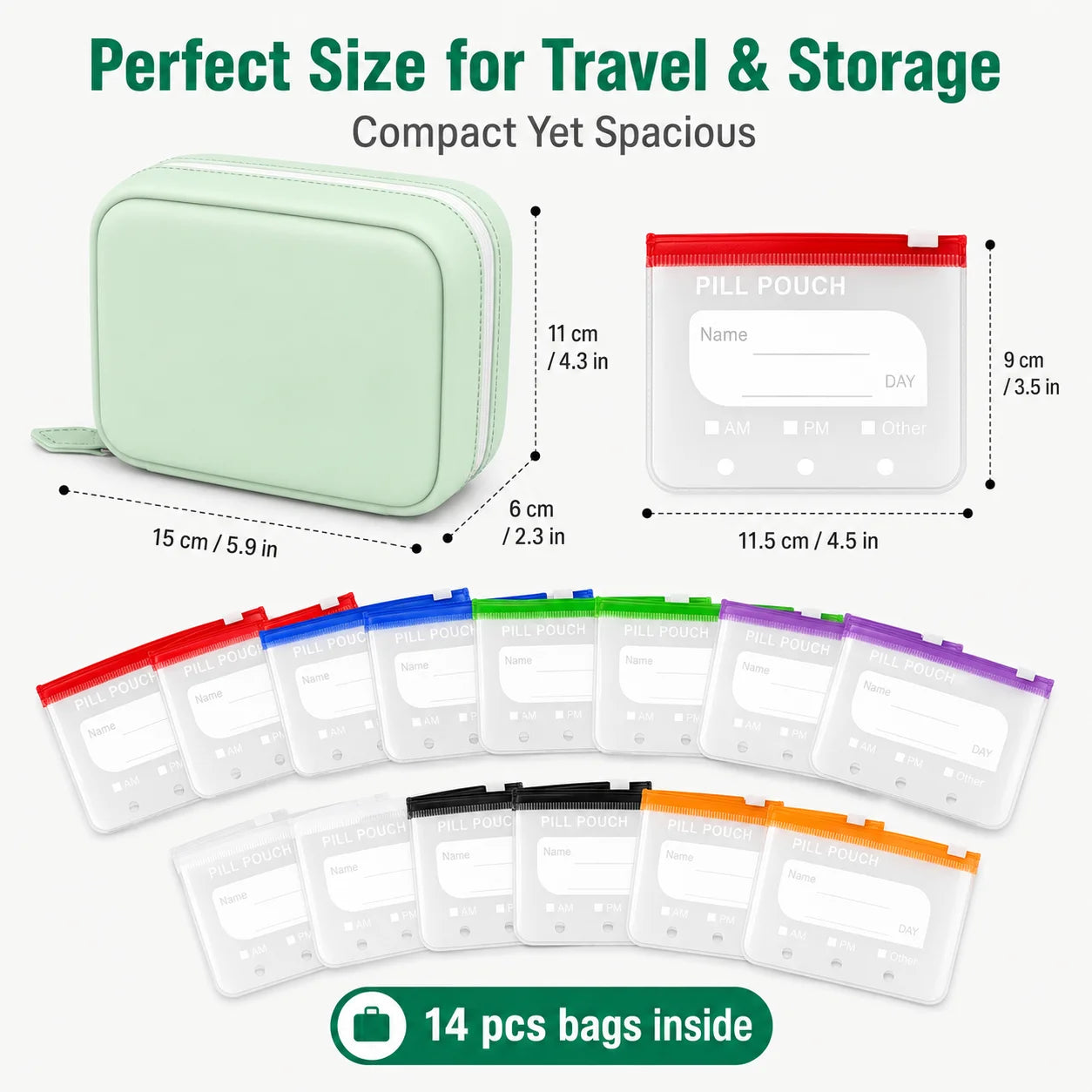 Travel Pill Organizer with 14 Reusable Zipper Pouches, Food Grade Silicone Case for Medicine and Daily Essentials