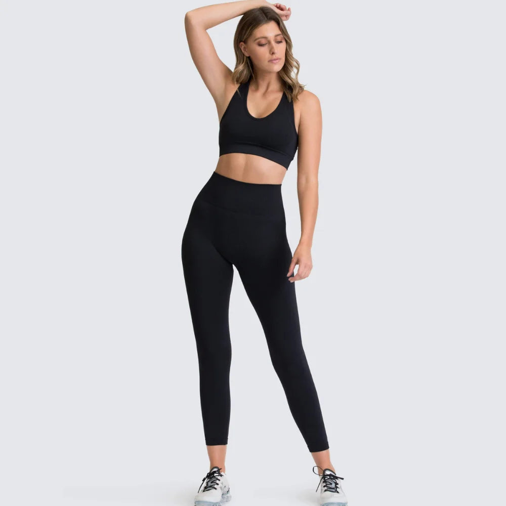 Women's Seamless Yoga Set Fitness Crop Top & Tummy Control High Waist Leggings with Built-in Bra Workout