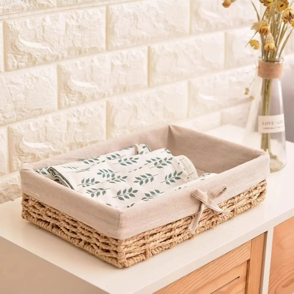 Rectangular Handmade Rattan Storage Baskets French Style Bow Weaving Storage Tray Reusable Bohemian Style Cosmetics Storage Box
