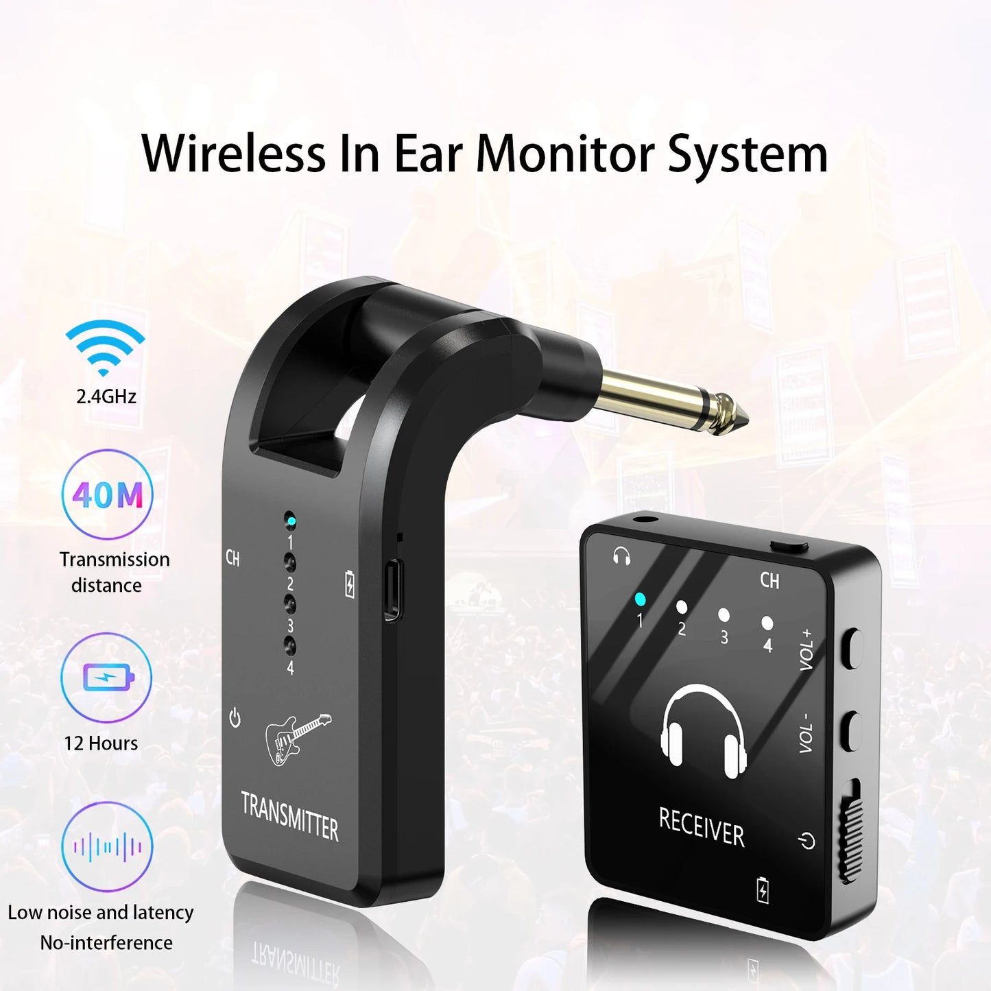 Wireless In Ear Monitoring System, 2.4GHz Wireless IEM System with Transmitter and Lavalier Receiver, for Band Rehearsal