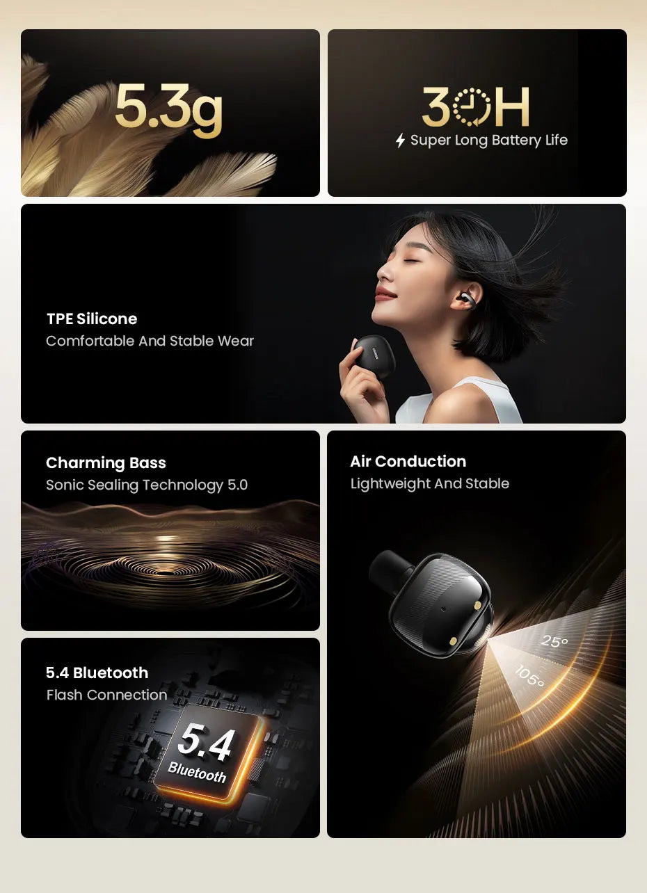 UGREEN Choice HiTune S3 Open Ear Clip Wireless Earbuds Bluetooth Sports Earphones Headphones in Mic with Earhooks & Ear Hook