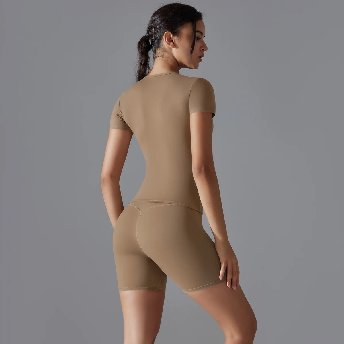 Yoga Set Women Sports Short Sleeve Top With High Waist Leggings